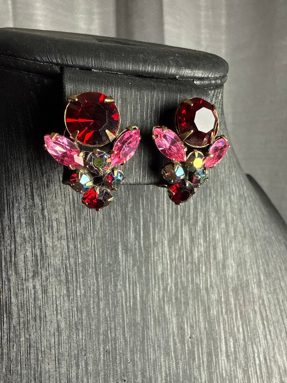 Vintage Burgundy Rhinestone Clip on Earrings